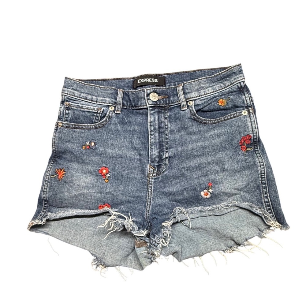 Express Midi High Rise Embroidered Floral Denim Shorts Blue Cut Offs Womens 6